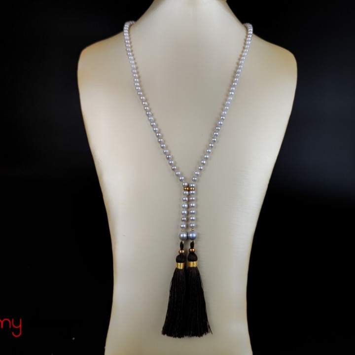 Long pearl necklace with 2 tassels and 9k gold